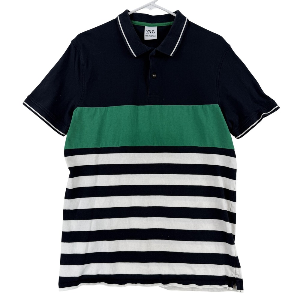 Zara Polo Shirt Mens XL Multicolor Striped Cotton Knit Short Sleeve Top Rugby